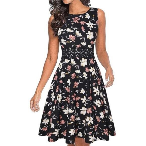 Women's Vintage Floral Lace A-Line Swing Dress - Sleeveless Cocktail Party Dress - Picture 5 of 5